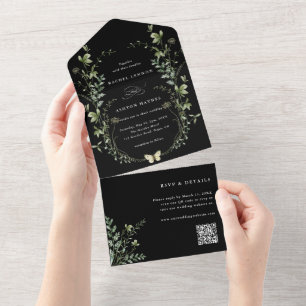Schwarzer eleganter Wildblumen QR-Code zur Hochzei All In One Einladung