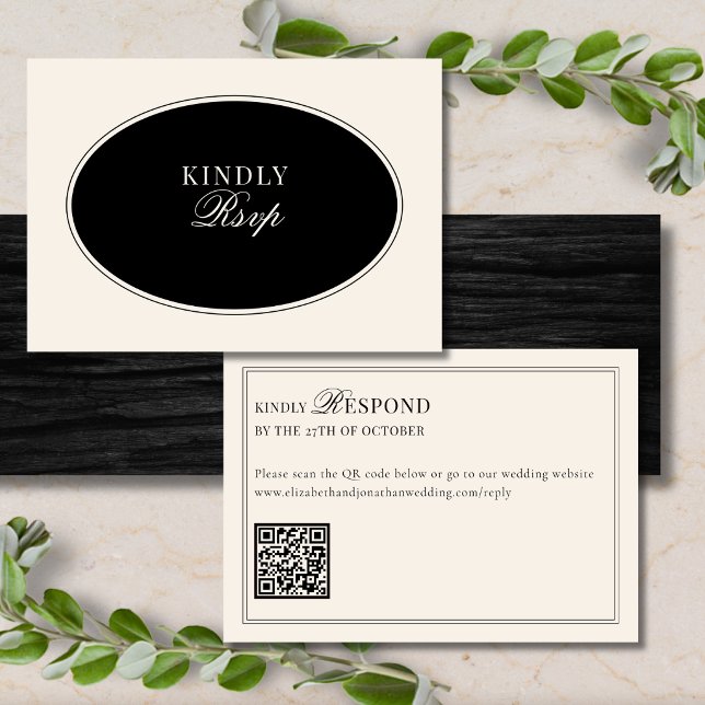 Schwarzer Elfenbein-Eleganter-Alter-Geld-QR-Code-H RSVP Karte (Von Creator hochgeladen)