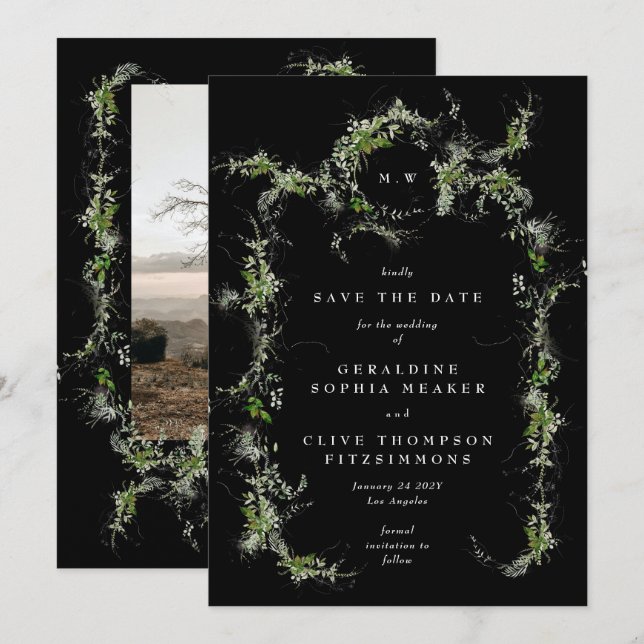 Schwarzer Eukalyptus-Kranz-Monogramm-Foto-Hochzeit Save The Date (Vorne/Hinten)