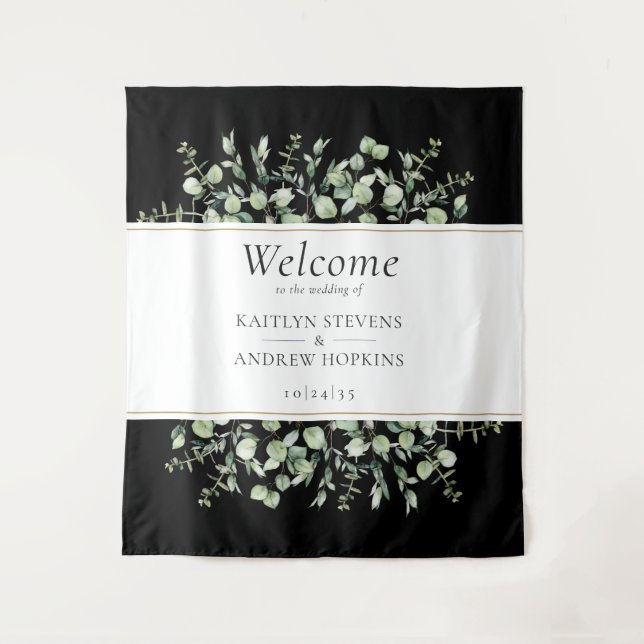Schwarzer Eukalyptus Wedding Welcome Wandteppich (Vorderseite)