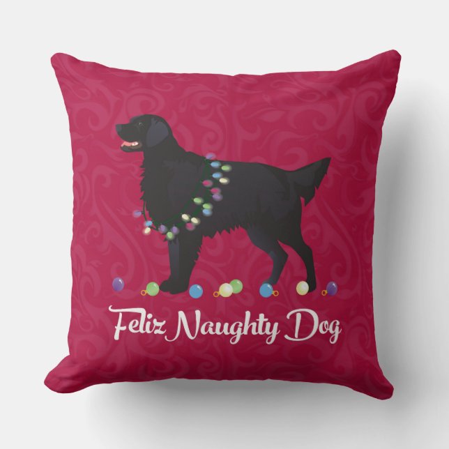 Schwarzer Flat Coated Retriever Feliz Naughty Dog Kissen (Vorderseite)