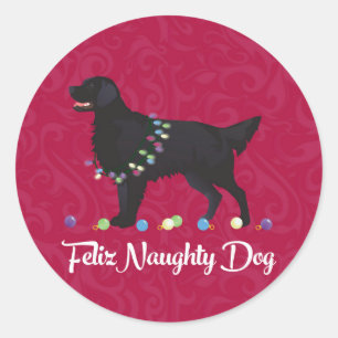 Schwarzer Flat Coated Retriever Feliz Naughty Dog Runder Aufkleber