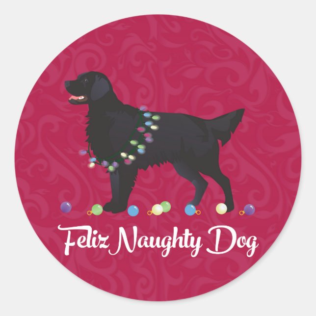 Schwarzer Flat Coated Retriever Feliz Naughty Dog Runder Aufkleber (Vorderseite)