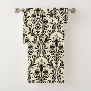 Schwarzer Floral Damask auf Creamy Beige Vanilla Badhandtuch Set