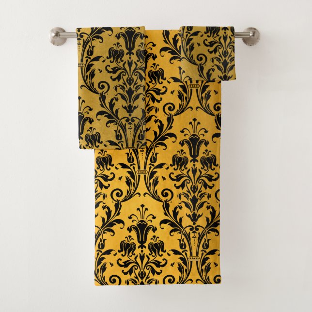 Schwarzer Floral Damask auf Gold Badhandtuch Set (Insitu)