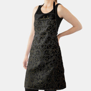 Schwarzer Floral Damask mit einer Spur Gold Schürze