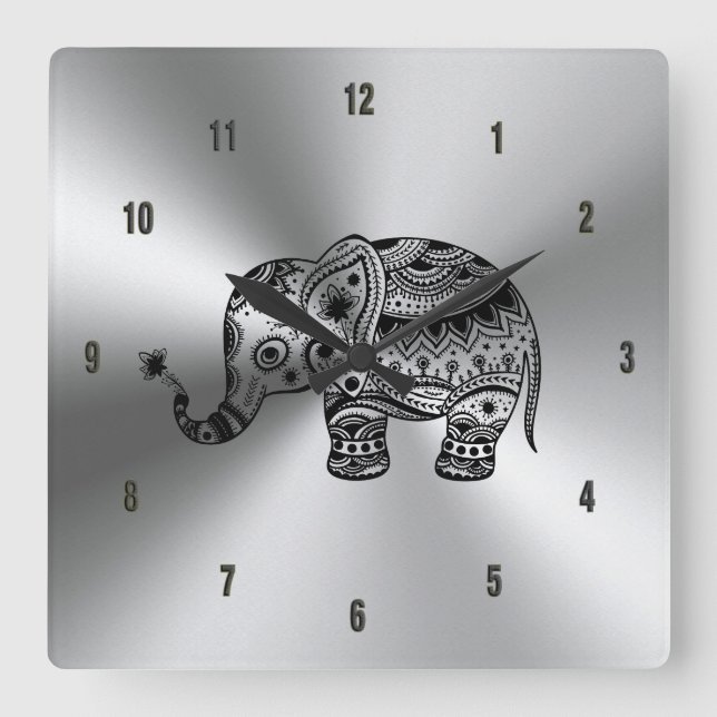 Schwarzer Floral Elephant Metallic Silver Quadratische Wanduhr (Vorderseite)