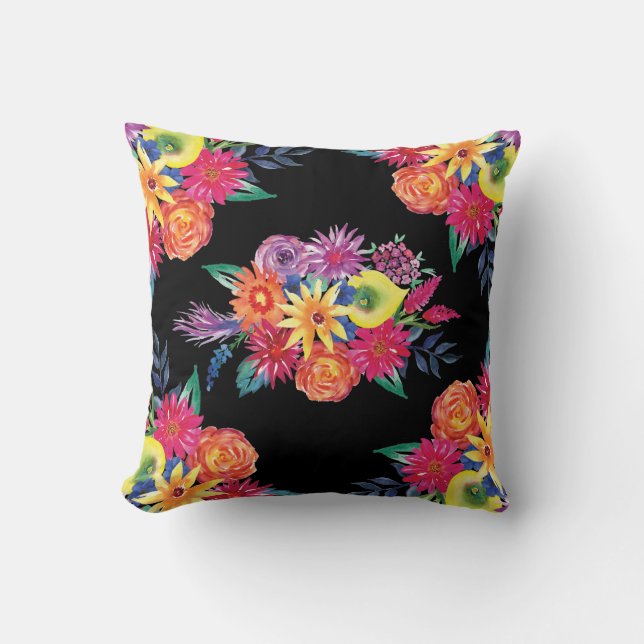 Schwarzer Floral Fiesta mexikanische Blume Katzenp Kissen (Vorderseite)