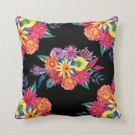 Schwarzer Floral Fiesta mexikanische Blume Katzenp Kissen