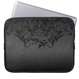 Schwarzer Floral Lace grau Metallic Hintergrund Laptopschutzhülle