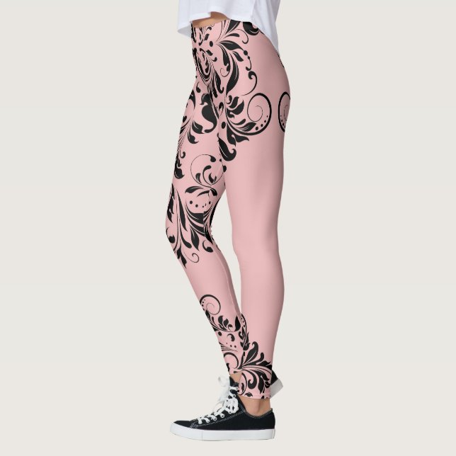 Schwarzer Floral Spitz Rosa Hintergrund Leggings (Links)
