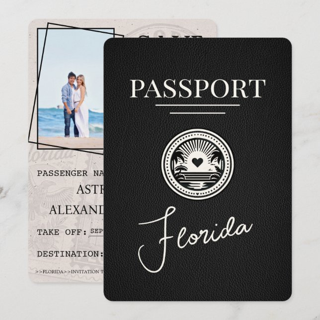 Schwarzer Florida Reisepass Save The Date (Vorne/Hinten)