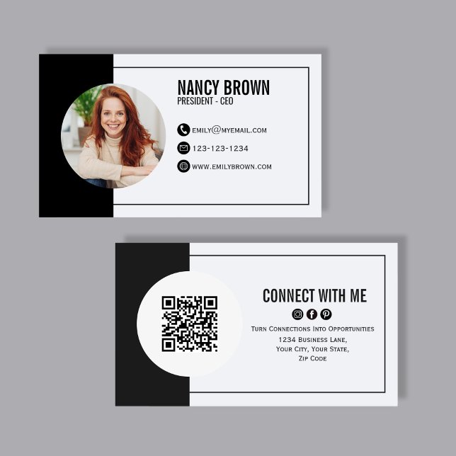 Schwarzer Foto-QR-Code Verbinde dich mit mir Minim Visitenkarte (Bold black photo QR code design showcasing front and back layout, perfect for modern networking.)