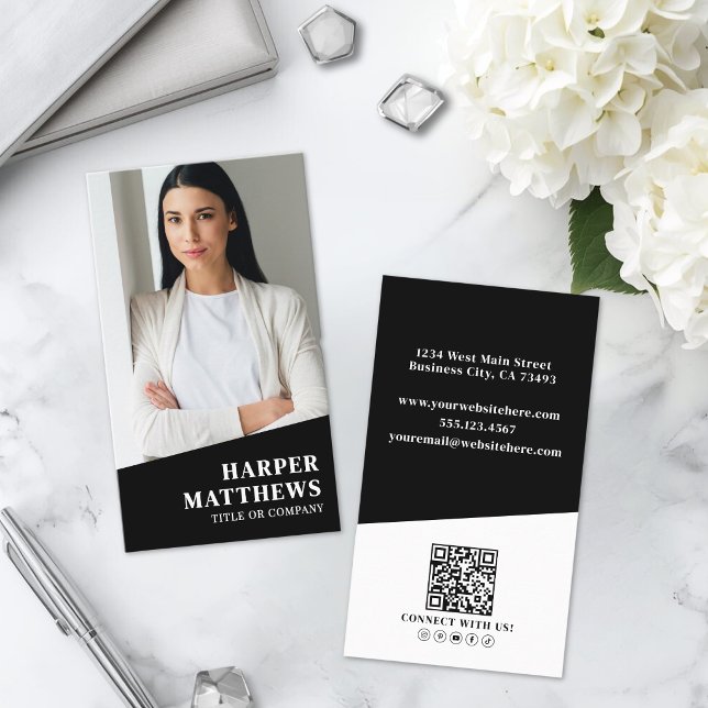 Schwarzer Foto-QR-Code Vertikal Visitenkarte (Black Photo QR Code Vertical Business Card )