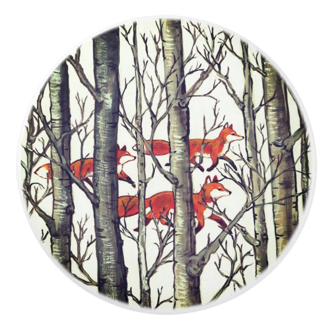 Schwarzer Fox Foxes Forest Woodland Drawing Pull Keramikknauf (Vorderseite)