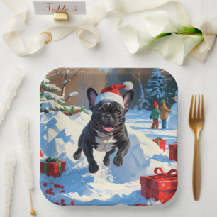 Schwarzer Französischer Bulldogge Weihnachten Fest Pappteller