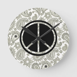 Schwarzer Frieden u. Paisley auf Weiß Runde Wanduhr