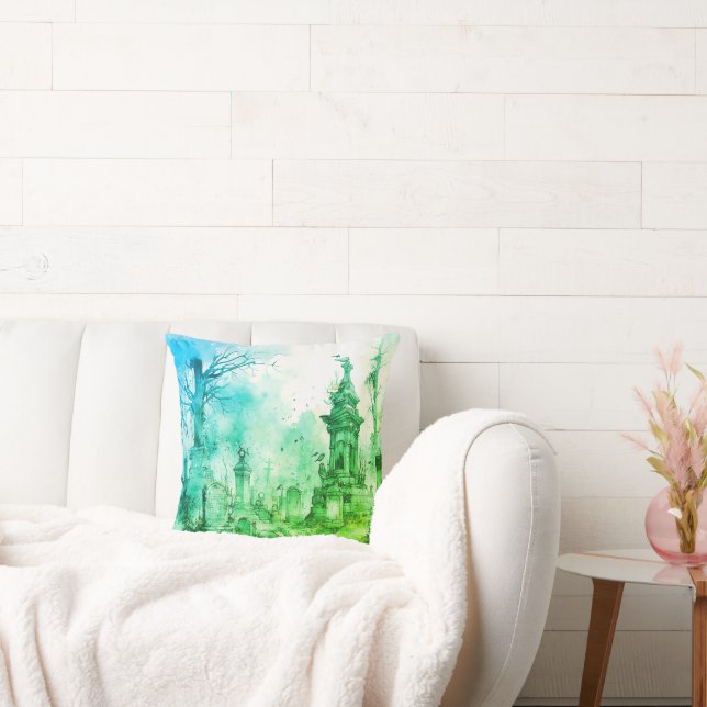 Schwarzer Friedhof Grün & Blau Halloween Kissen (Liege)