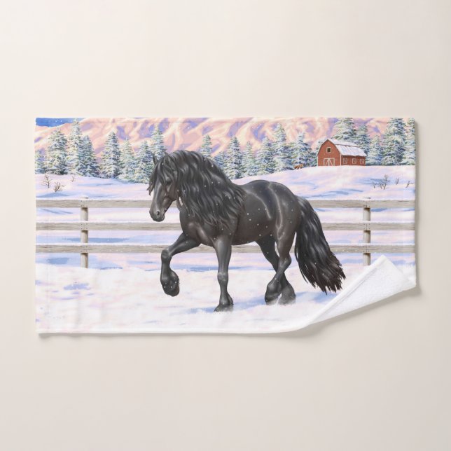 Schwarzer Friesian Draft Horse Trott in Snow Badhandtuch Set (Handtuch)