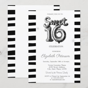Schwarzer gestreifter silberner Ballon Sweet 16  Einladung