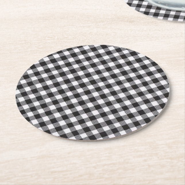 Schwarzer Gingham Runder Pappuntersetzer (Angewinkelt)