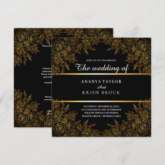 Schwarzer Glam und Gold Floral, Hochzeit Einladung