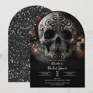 Schwarzer Glitter Glam Schimmer Totenkopf Gothic B Einladung