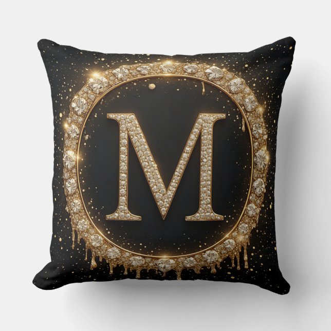 Schwarzer Glitter Monogramm Buchstabe M für minima Kissen (Vorderseite)