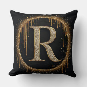 Schwarzer Glitter Monogramm Buchstabe R für königl Kissen