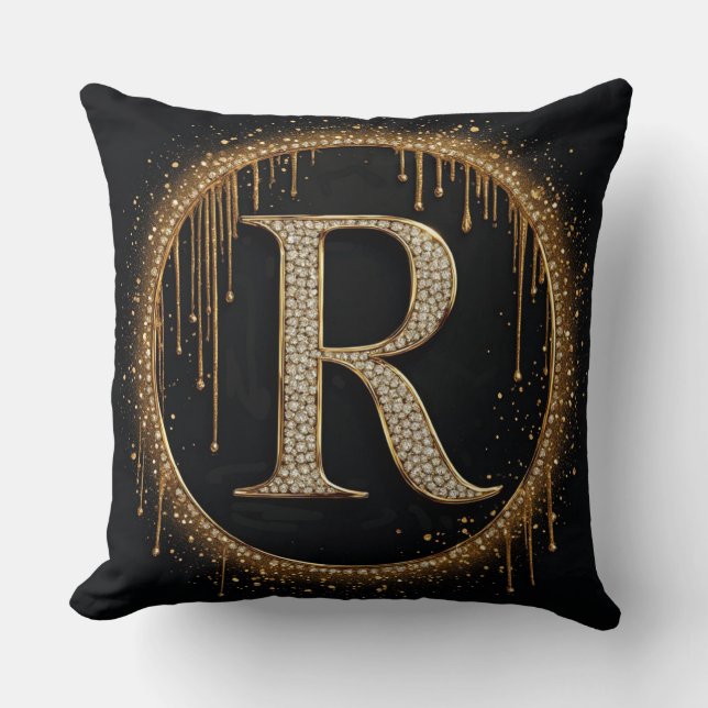 Schwarzer Glitter Monogramm Buchstabe R für königl Kissen (Vorderseite)