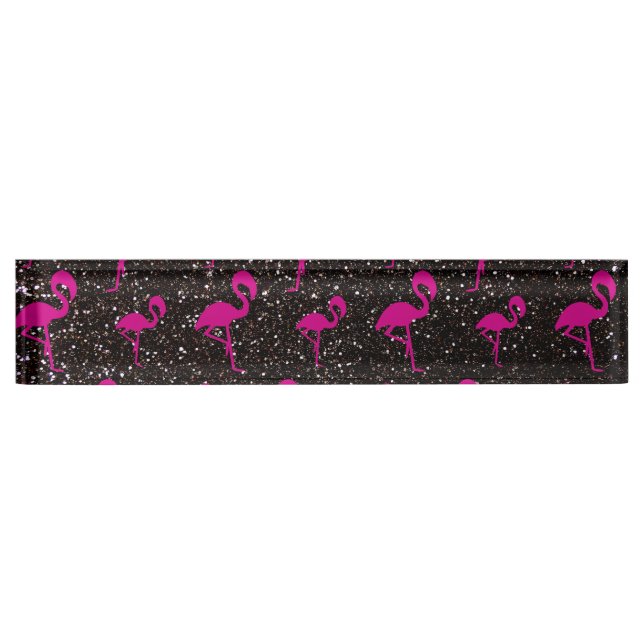 Schwarzer Glitterrosaflamingo Namensplakette (Vorderseite)