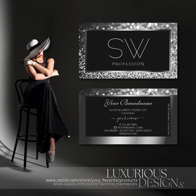 Schwarzer Glitzer aus leuchtendem Silber Visitenkarte (Von Creator hochgeladen)