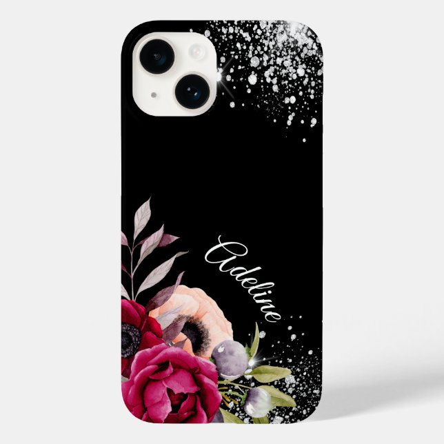 Schwarzer Glitzer Blume Bordeaux-Name Case-Mate iPhone Hülle (Rückseite)