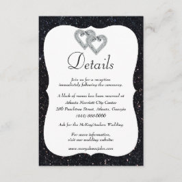 Schwarzer Glitzer Diamantherzen Hochzeitsdetails Begleitkarte