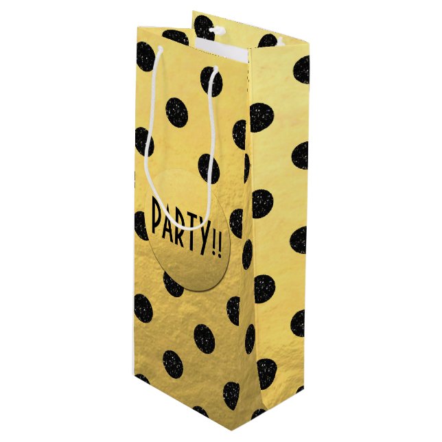 Schwarzer Glitzer Dots New Year Weinbeutel, glänze Geschenktüte Für Weinflaschen (Vorderseite Schrägansicht)