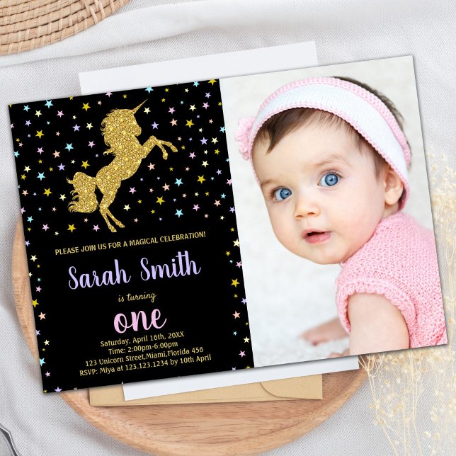 Schwarzer Glitzer Einhorn Geburtstagsfeierlichkeit Einladung (Black Glitter Unicorn Birthday Invitations w Photo)