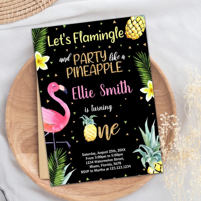 Schwarzer Glitzer Flamingo Ananas Einladungen (1st Black Glitter Flamingo Pineapple Invitations)