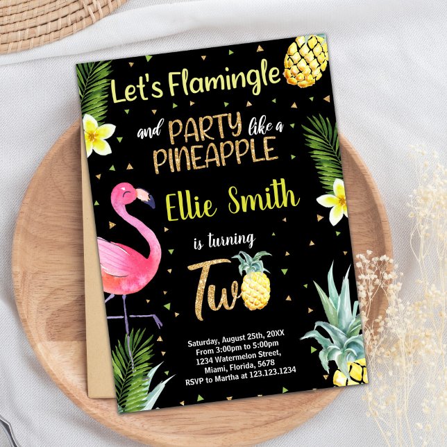 Schwarzer Glitzer Flamingo Ananas Einladungen (2nd Black Glitter Flamingo Pineapple Invitations)