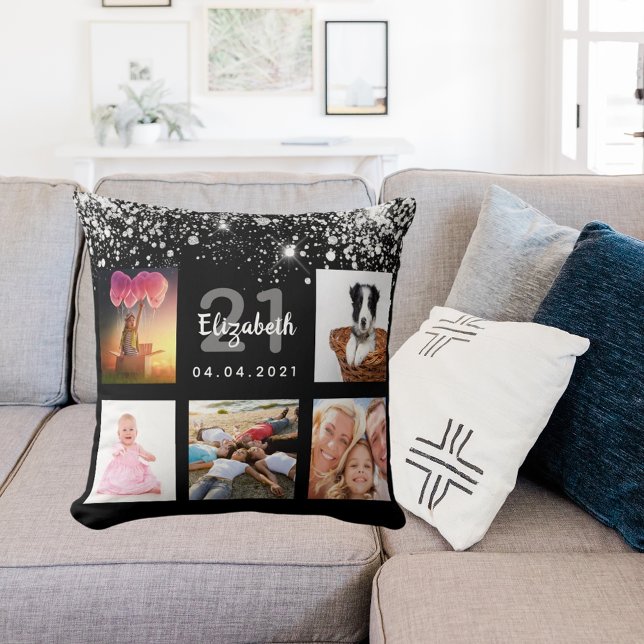 Schwarzer Glitzer Foto Collage Name Geburtstag Kissen (Von Creator hochgeladen)