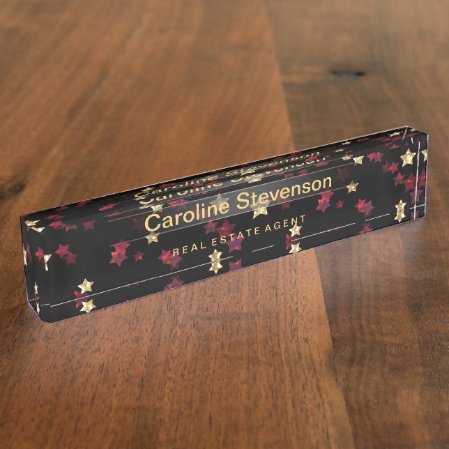Schwarzer Glitzer Goldener Konfetti-Sternenschi Namensplakette (Seite)