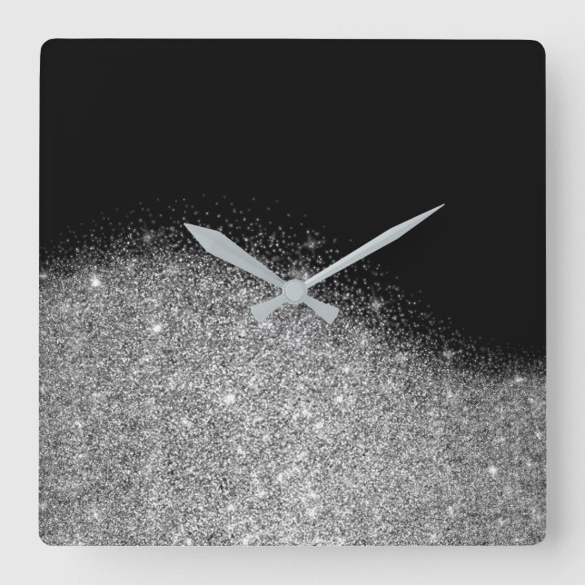 Schwarzer Glitzer Grau Silber Minimal Metallische  Quadratische Wanduhr (Vorderseite)