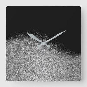 Schwarzer Glitzer-graues silbernes minimales Quadratische Wanduhr