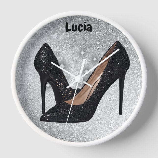 Schwarzer Glitzer High Heel Shoe auf Silver | Uhr (Vorderseite)