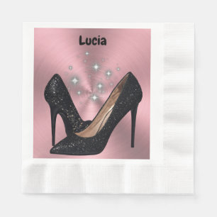 Schwarzer Glitzer High Heel Shoel auf Rosa   Serviette