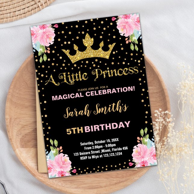 Schwarzer Glitzer Kronprinzessin Geburtstagseinlad Einladung (Black Glitter Crown Princess Birthday Invitations)