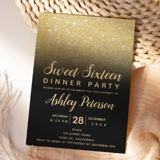 Schwarzer Glitzer ombre typografie Sweet 16 Einladung
