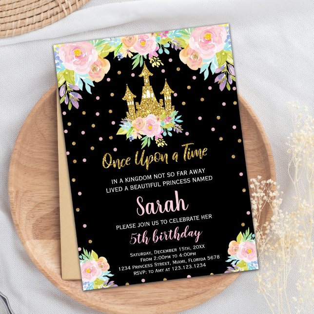 Schwarzer Glitzer Prinzessin Birthday Einladung (Black Floral Glitter Princess Birthday Invitation)