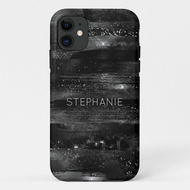 Schwarzer Glitzer Shimmer Moderner Personalisierte Case-Mate iPhone Hülle (Rückseite)