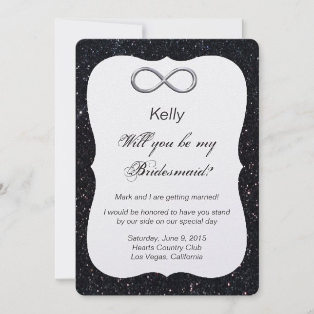 Schwarzer Glitzer Silver Infinity Bridesmaid Card Einladung (Vorderseite)