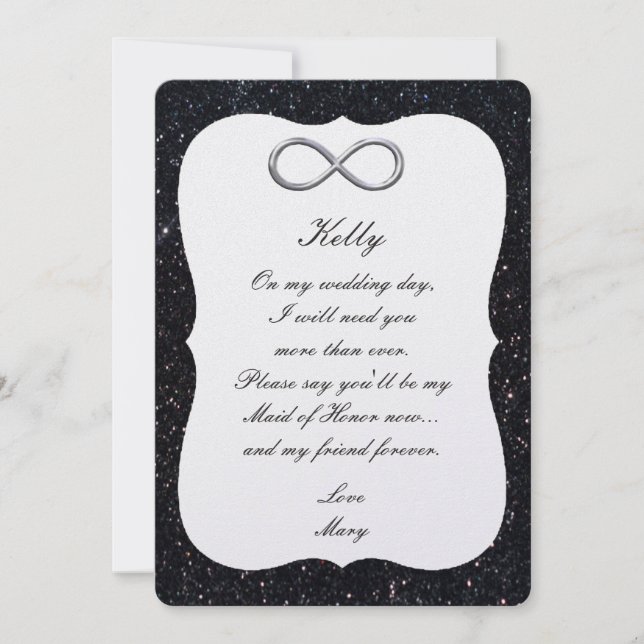 Schwarzer Glitzer Silver Infinity Trauzeugin Card Einladung (Vorderseite)
